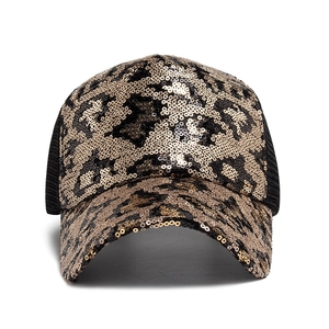 Women's leopard print sequin baseball hat with gold sequins and breathable mesh back