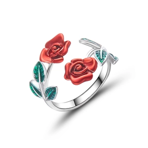 Adjustable silver alloy ring featuring red enamel rose and green leaves on white background