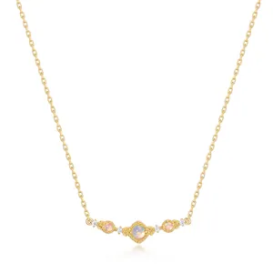 925 Sterling Silver Synthetic Opal Pendant Necklace 10K Gold Plated Vintage Round Rhinestone Cable Chain For Women Daily Jewelry