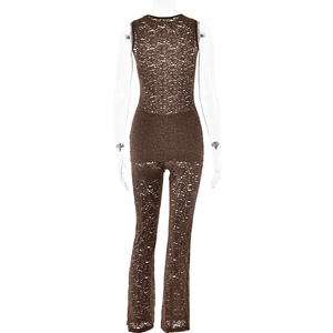 Rear view of brown lace sleeveless top and slim pants set with sheer hollow texture