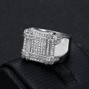 Hip hop silver square ring with full cubic zirconia stones on textured stand