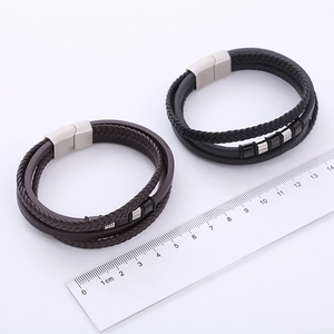 Multilayer black and brown leather braided bracelet with brushed metal magnetic clasp
