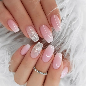 Pink White Gradient Silver Glitter Press On Nails Ballerina Coffin Shape Short False Nails With Glue Manicure Set For Women