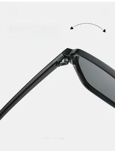 Macro view of durable texture hinge on black square sunglasses with high-gloss finish