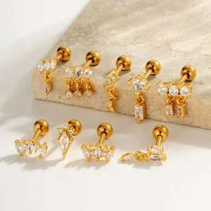 Gold stainless steel cartilage studs with drop zirconia pendants and screw ball backs