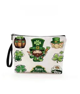 Detail of St. Patrick's Day canvas makeup bag with gnome and shamrock print and black zipper