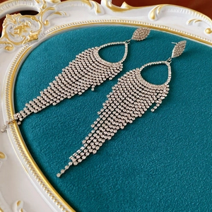 Detail of silver long tassel earrings with sparkling rhinestones on velvet tray