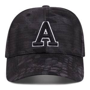 Dark camouflage baseball cap with 3D white embroidered letter A on a curved brim