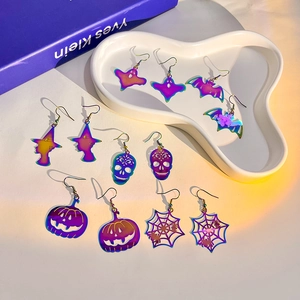 Halloween Dangle Earrings Stainless Steel Iridescent Rainbow Gothic Ghost Pumpkin Bat Skull Witch Spider Web Novelty