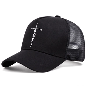 Black mesh trucker hat with white faith cross embroidery and breathable back panel