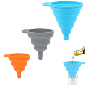 Set of flexible silicone collapsible funnels in blue, orange and grey for kitchen use