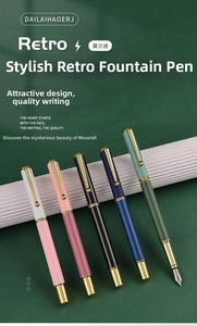 Macro shot of Morandi retro metal pens in five elegant colors on wavy white display