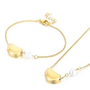 Bijoux De Collier Et Bracelet Élégants En Acier Inoxydable Avec Pendentif En Haricot Et Imitation De Künstliche Perle