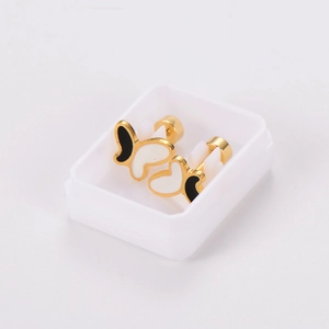 Gold plated butterfly stud earrings with black and white shell inlay in a clear box