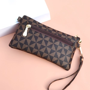 Brown geometric patterned PU leather clutch bag with golden zipper and wrist strap