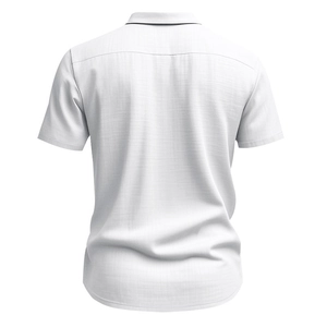 Achteraanzicht van wit linnen herenshirt met korte mouwen en ronde zoom detail