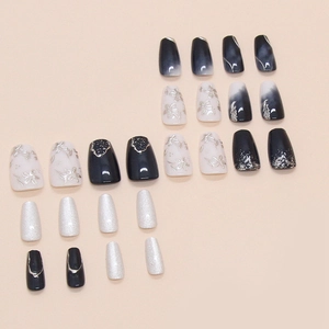 24 faux ongles motif fleurs de pêcher et œil de chat argenté, forme cercueil long