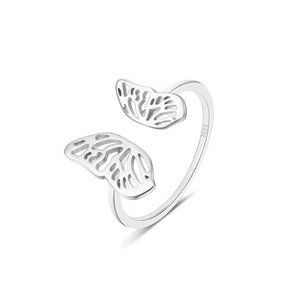 Detailed macro view of S925 sterling silver butterfly wing cutout on an open ring