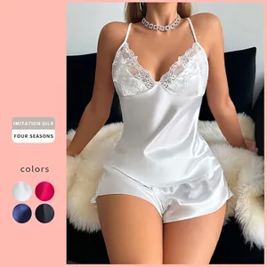 Women Satin Pajama Camisole And Shorts Sleeveless V Neck Lace Trim Sexy Sleepwear Home Wear Nightwear