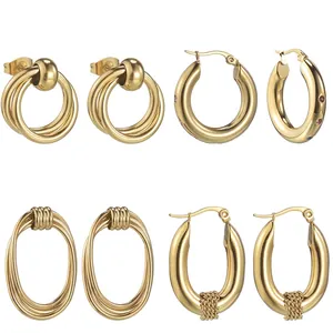 Geometric Earrings Stainless Steel 14K Gold Plated Hollow Oval Hoop French Retro Minimalist Style Jewelry For Women