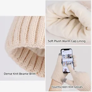Beige knitted beanie hat and gloves set with warm fleece lining and touchscreen fingers