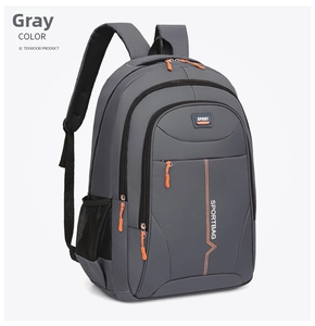 Detail of water-resistant grey casual backpack with orange zippers and mesh side pockets