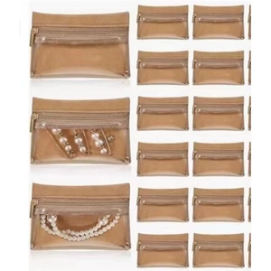 Clear zipper storage bag detail view, transparent PVC pouch for small jewelry parts and accessories.