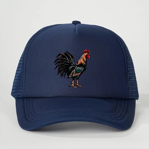Close-up of navy trucker hat featuring a detailed rooster patch and breathable mesh back