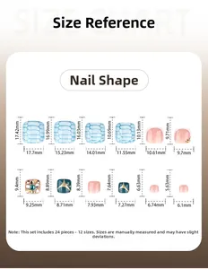 Size chart showing 24 pieces of press-on toenails in 12 different dimensions and styles