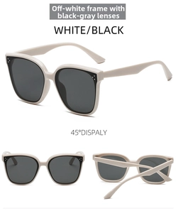 Detail view of cream oversized square sunglasses with dark grey lenses in three angles
