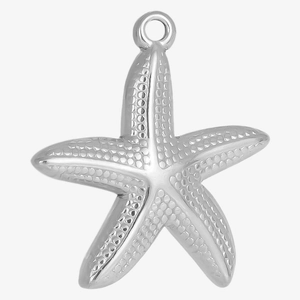Macro shot of silver 304 stainless steel starfish pendant with textured dot surface
