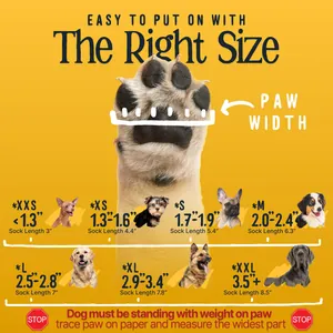 Detailed size guide for dog socks showing paw width and sock length measurements