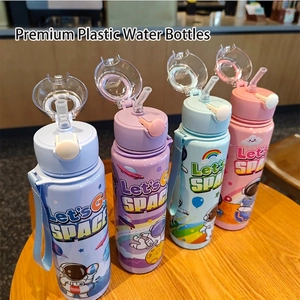 Cartoon astronaut kids plastic water bottles with straws and carry straps in four colors