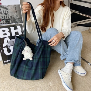 Stylish large capacity plaid wool tote bag featuring a cute white sheep keychain charm