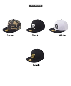 Detail of flat brim hip hop caps featuring Gothic B embroidery in four color variants