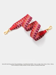Detail of red woven bag strap 3.8cm width with cowhide leather and gold metal clasp