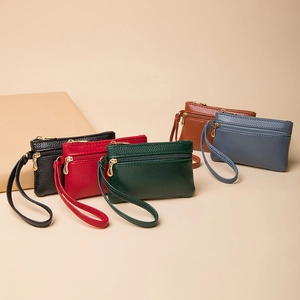 Mini lychee grain leather coin purse with double zipper, wrist strap in five colors
