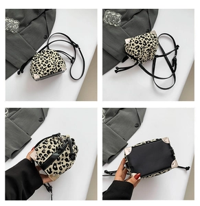 Detailed views of leopard print bucket bag featuring drawstring and metal corner accents