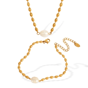 Elegant gold-plated stainless steel jewelry set featuring polished pearls on white background