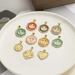 Virgin Mary Pendant Copper 18K Gold Plated Zircon Imitation Artificial Pearl Enamel Religious Medallion Jewelry For Women