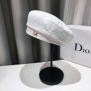 Elegant white lace beret hat for women with floral hollow texture and gold metal M logo