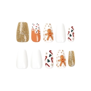 Christmas reindeer coffin press-on nails with gingerbread man and glitter patterns