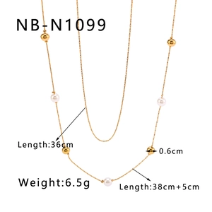 Detail showing double layered 18K gold plated snake chain with pearls and beads dimensions