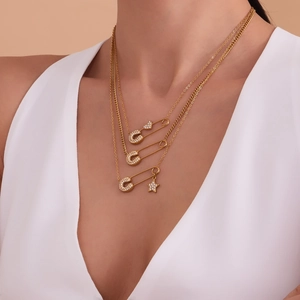 Three-layer 18k gold plated stainless steel paperclip necklace with zircon heart and star