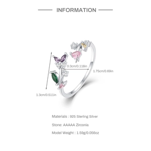 Detailed view of S925 sterling silver ring with colorful zircon floral design