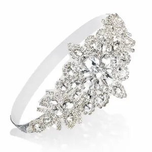 1920s vintage wedding headband with white elastic band and sparkling crystal floral pattern