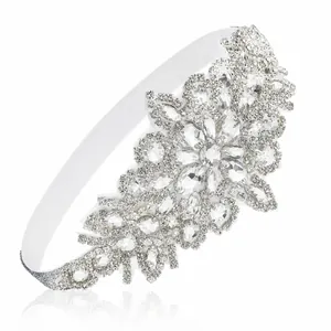 1920s vintage wedding headband with white elastic band and sparkling crystal floral pattern