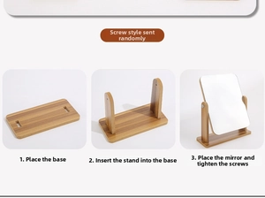 Three-step assembly diagram for a minimalist wooden rotating desktop makeup mirror