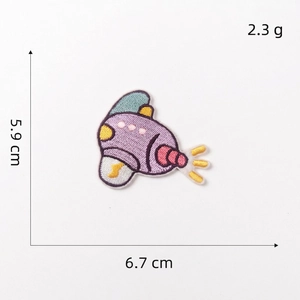 Detailed view of a purple cartoon airplane embroidery patch with 5.9x6.7cm dimensions