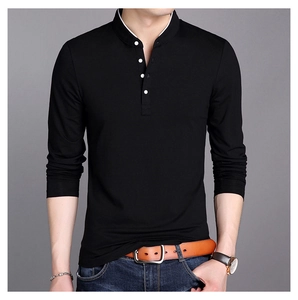 Men Long Sleeve Henley Shirt Cotton Slim Fit Stand Collar Solid Color Business Casual Fashion T-Shirt